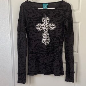Echo Design Black Long Sleeve Cross Accent Tee